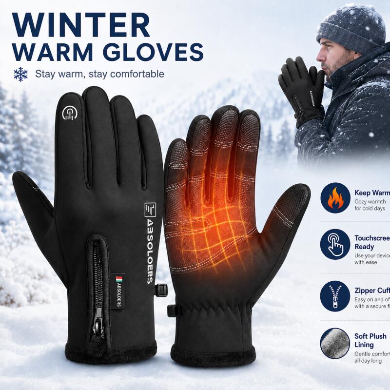 Winter Cycling Commute - Winterwarme Touchscreen-Handschuhe mit Reißverschlussmanschette, Vollfingerhandschuhe für